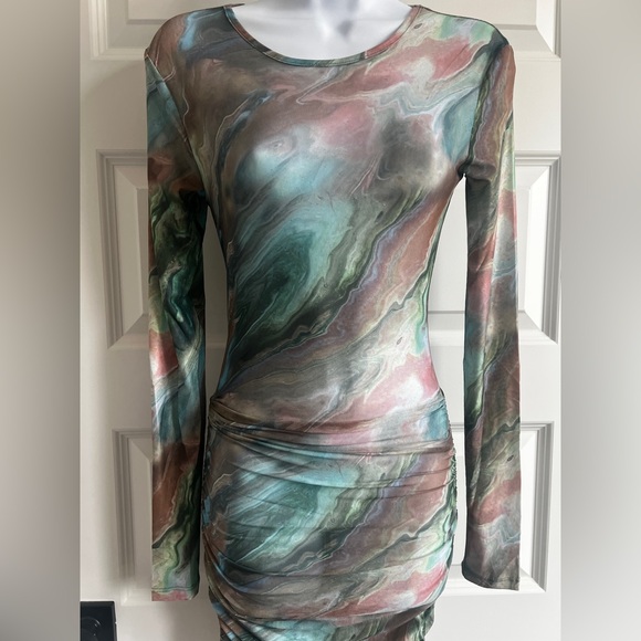 BEIGE BOTANY Marbled Long-Sleeve Ruched Sheer Bodycon Dress Size Small - Picture 5 of 7